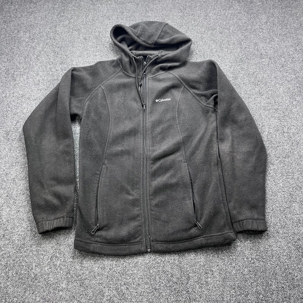 Columbia Full Zip Hooded Fleece Jacket Black Solid Outdoor Full Zip Hoodie